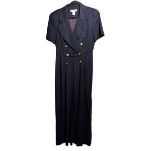 VTG Navy Blue Double Breasted Gold Buttons Linen Blend Jumpsuit 12 Nautical 80s